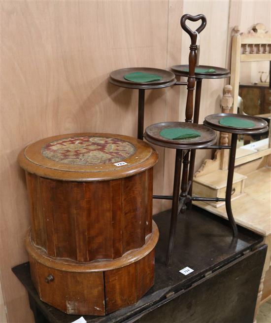 A four tier cake stand and a Victorian cylindrical commode, commode W.43cm